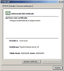 Datos sobre el certificado de seguridad en Windows
