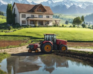 Casa en el campo con tractores trabajando la tierra